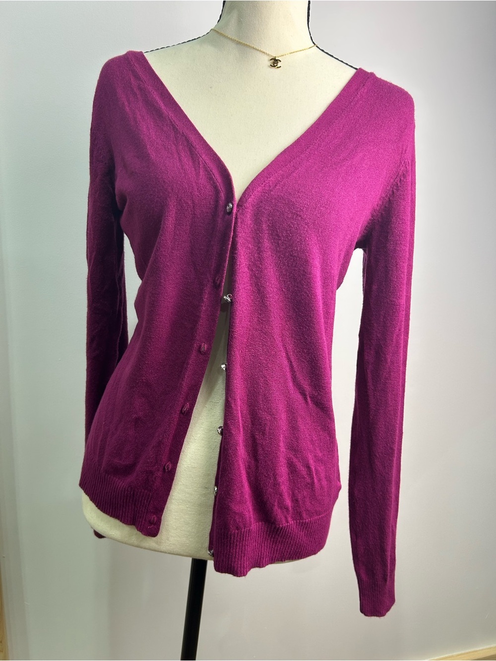 Magenta V-Neck Button Cardigan-George